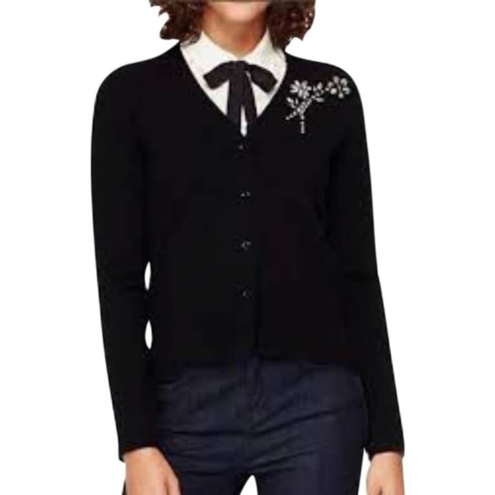 Kate Spade Black Silver Embellished Brooch Wool Blend Sweater Cardigan Sz Medium